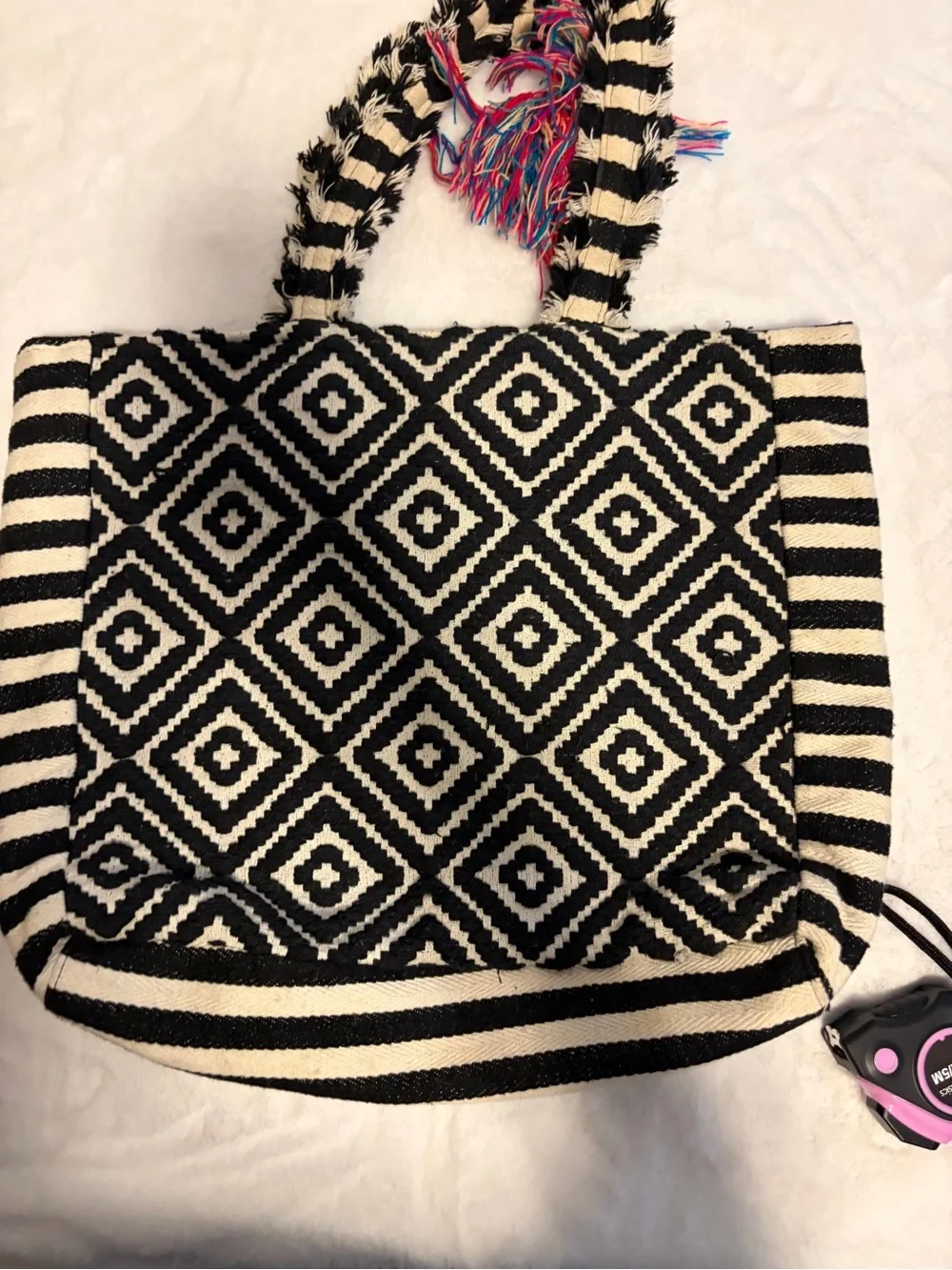 Women’s Black Cream Woven Geometric Tote Bag Colorful Tassel Boho